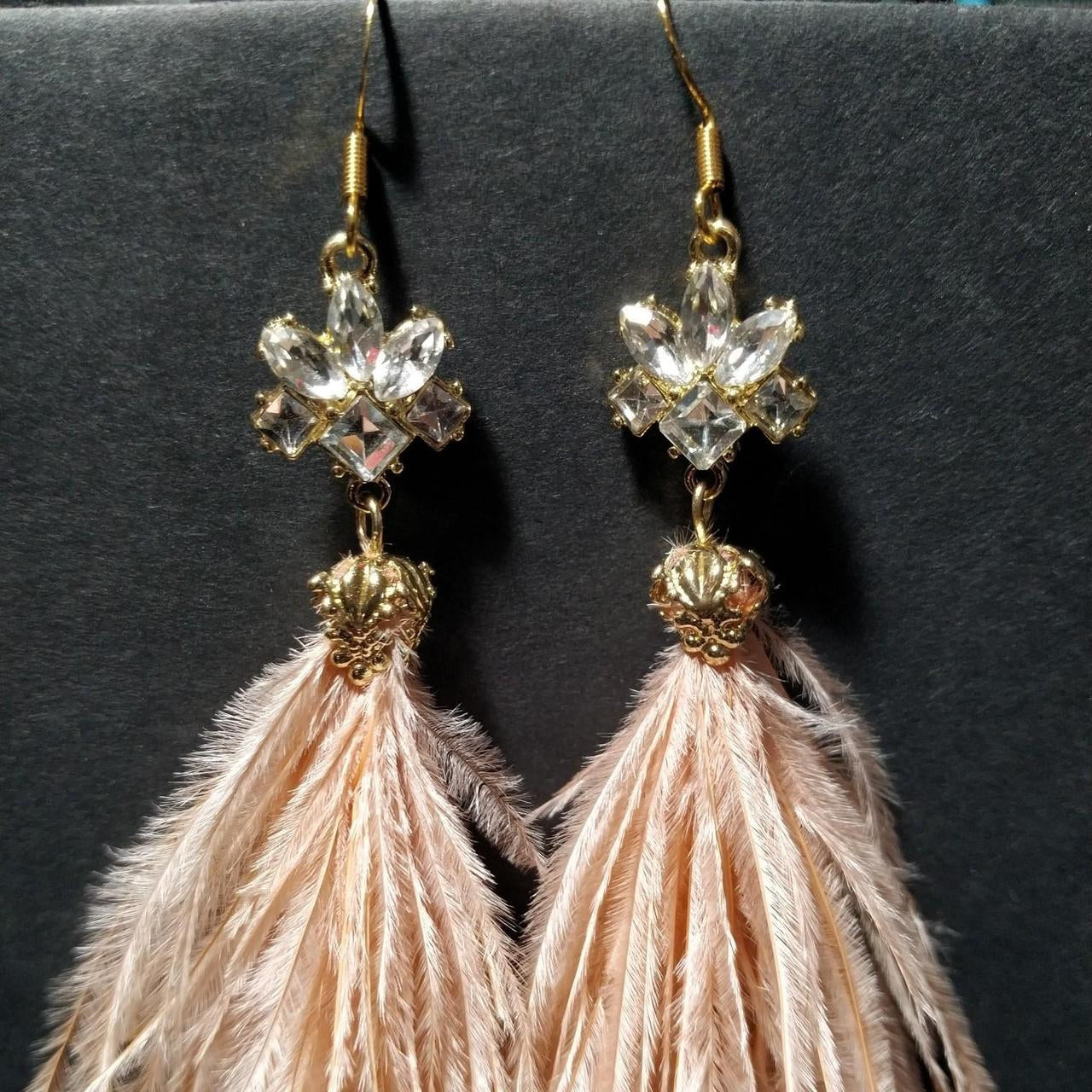 Pink Feather & Crystal Dangle Earrings