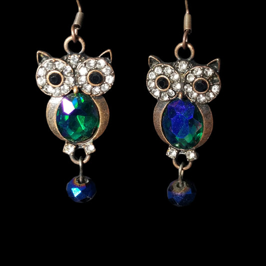 Brass Blue Owl Dangle Beaded Charm Earrings
