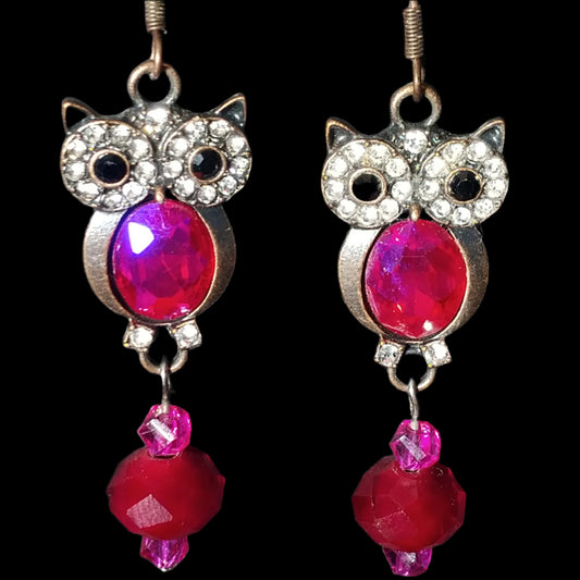 Brass Red Owl Dangle Earrings