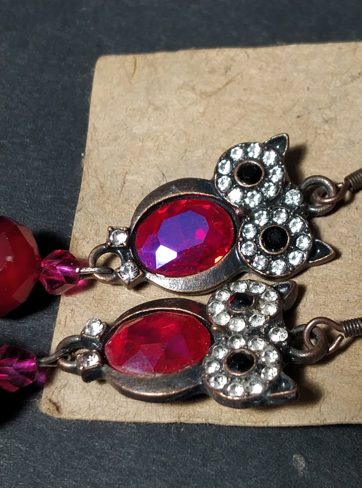 Brass Red Owl Dangle Earrings